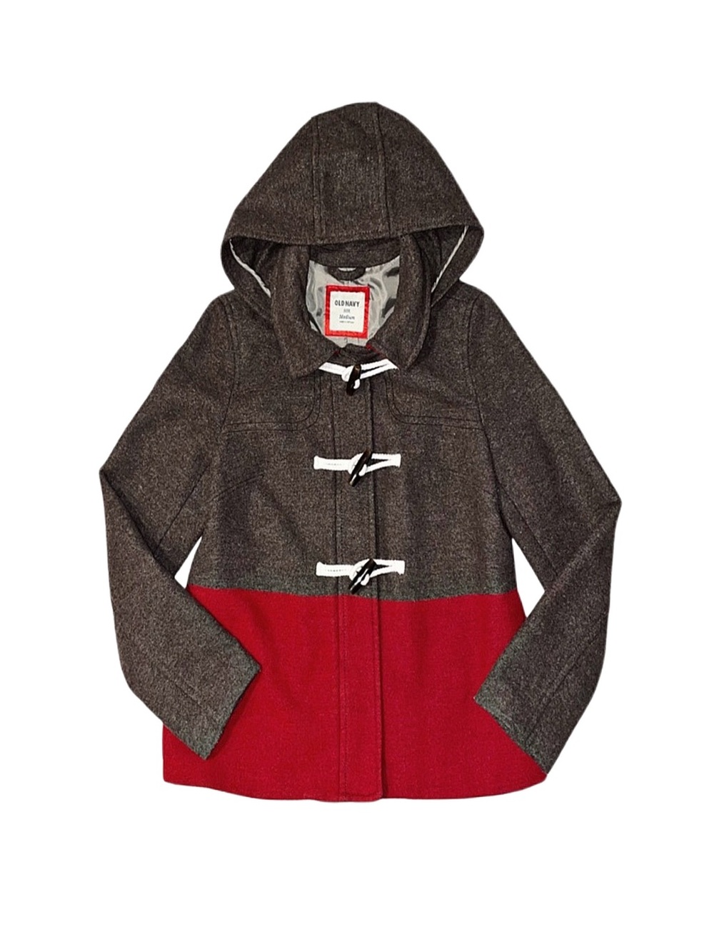 Old Navy Hooded Toggle Duffle Coat Colorblock Tweed Charcoal Grey Red Medium